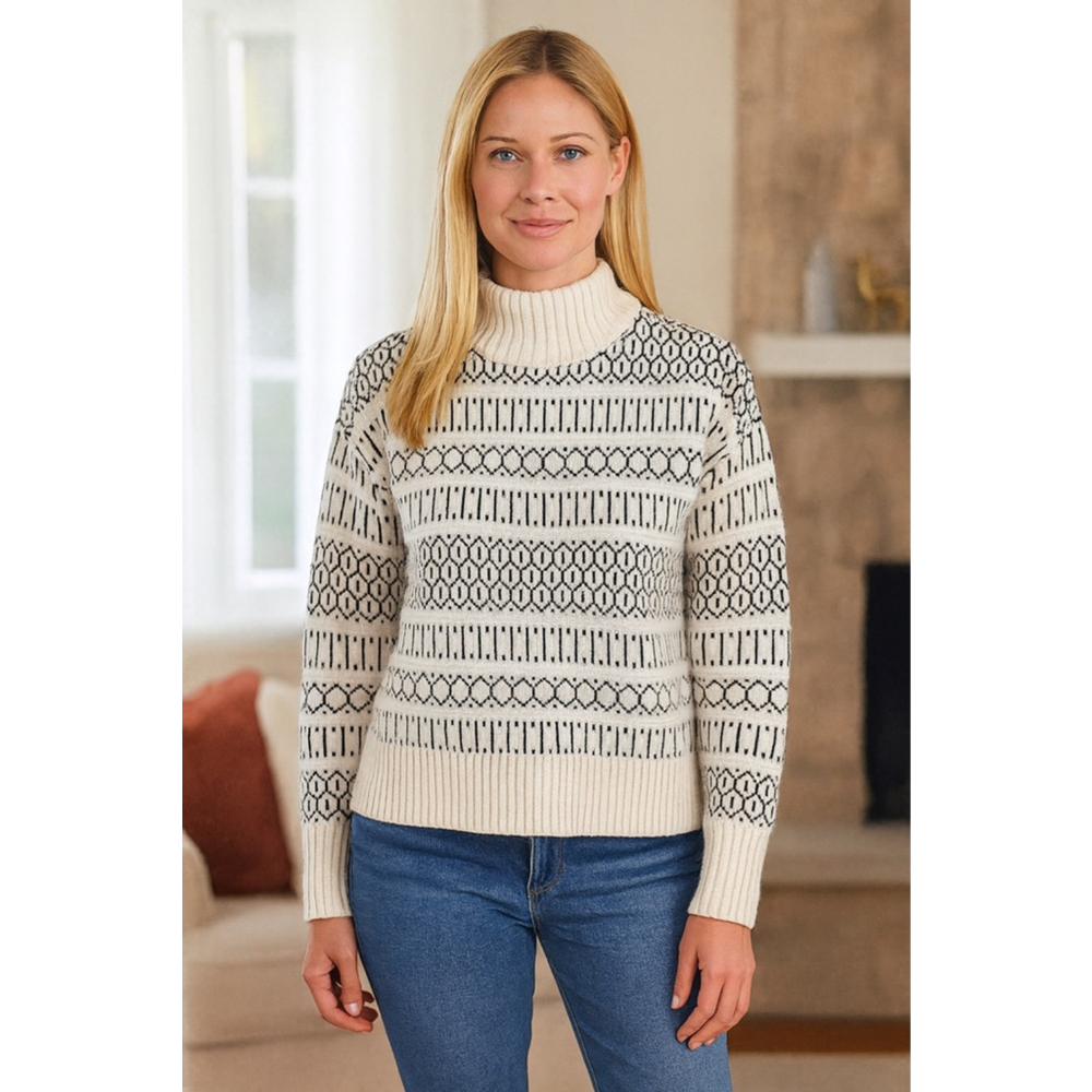 Unbranded Cream Black Fair Isle Mock Neck Sweater XXL